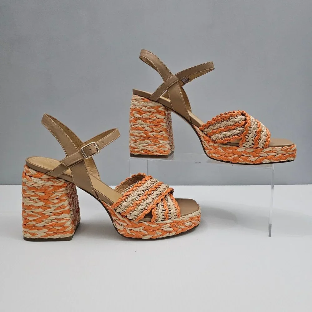 Marc Fisher LTD Juliey Block Heel Sandal Women 9.5 Orange Raffia Platform Resort